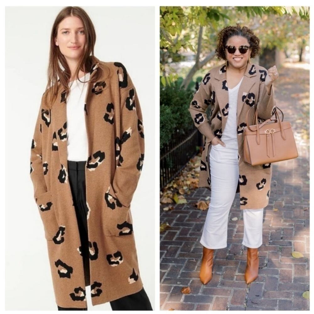 J.CREW Ella Leopard Open Front LongSweater Cardigan Coat size XS